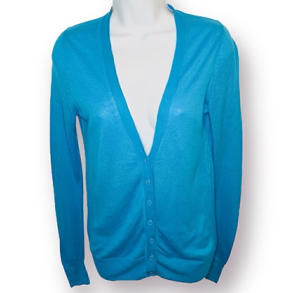 GAP Classic Longline Solid Color VNeck Cardigan Sweater Button Surf Pipe Blue XS